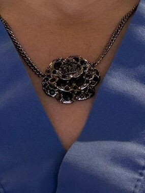 CHANEL Black Crystal Camellia Pendant Necklace